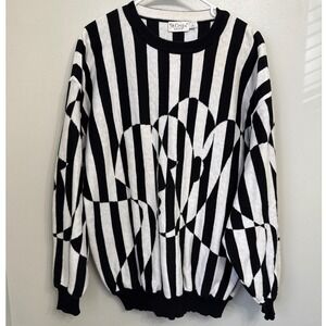 St Croix Mens Large Black White Stripe Geometric Knit Sweater Made in USA Cotton